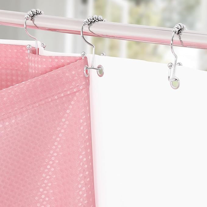 3 in 1 Shower Curtain Set, Pink Waffle Shower Curtain and PEVA Liner Set with 12 Stainless Steel Shower Curtain Hooks, Waterproof Fabric Shower Curtains for Bathroom, 72 W x 72 H