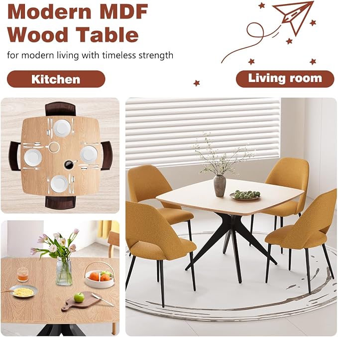 Kidol & Shellder 45.2" Square Dining Table Set for 2-4 People Modern MDF Wooden Dining Room Table with X-Shaped Metal Base Kitchen Table（Natural Table+4pcs Yellow Chairs）