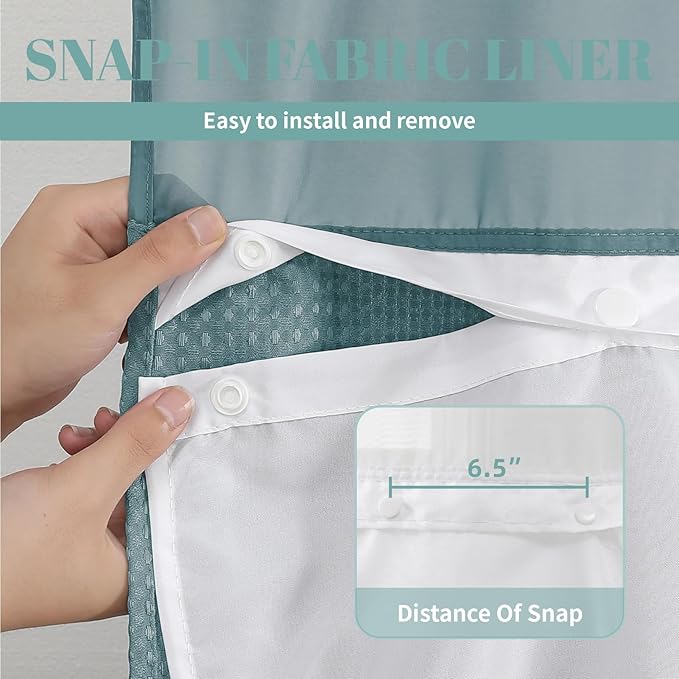 SeawedGreen No Hook Waffle Weave Shower Curtain with snap-in Liner Replacement, 230GSM Waterproof Fabric Hotel Shower Curtain Set for Bathroom, Through Mesh Top Window,71Wx77H