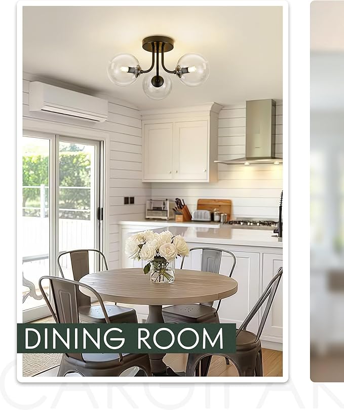 3-Globe Black Flush Mount Ceiling Light in a Modern Farmhouse Design is Ideal for Living Rooms, Bedrooms, or Dining Rooms. Model:CKCL4845-3W-CLBK