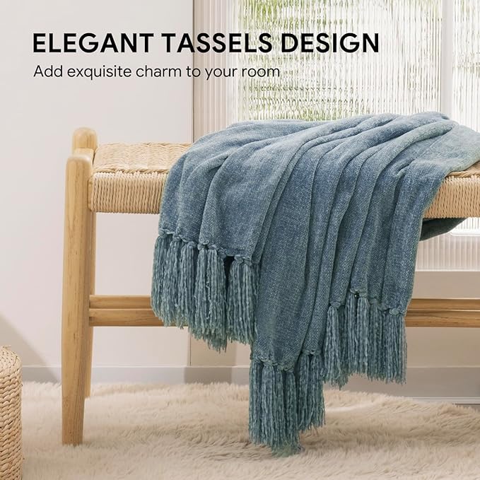 RECYCO Throw Blanket Soft Cozy Chenille Throw Blanket with Fringe Tassel for Couch Sofa Chair Bed Living Room Gift (Dusty Blue, 50'' x 60'')