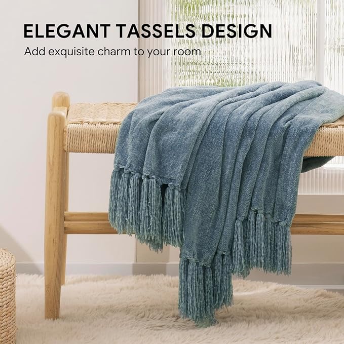 RECYCO Throw Blanket Soft Cozy Chenille Throw Blanket with Fringe Tassel for Couch Sofa Chair Bed Living Room Gift (Dusty Blue, 60'' x 80'')