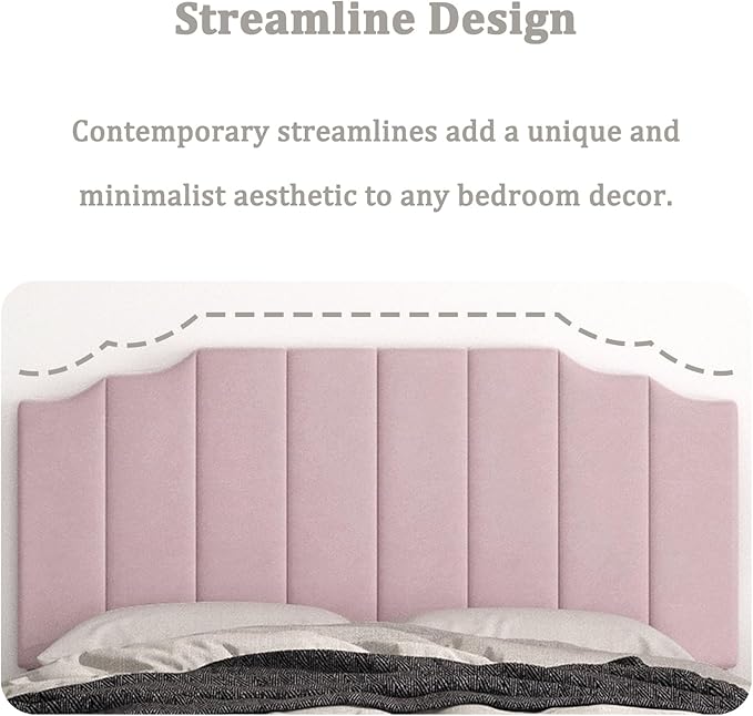 Queen Size Headboard Only, Velvet Wall Mounted Headboard Queen/Full Size for Adjustable Bed, Modern Vertical Channel Design with Curved Tufted Upholstered Head Board, Pink