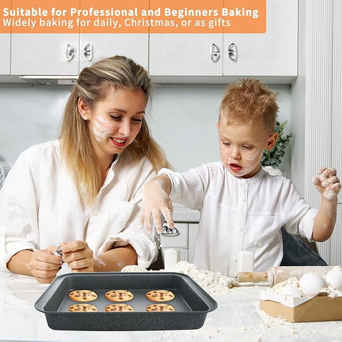 Baking Pans Set, Bakeware Sets with Grey Marble Coating, 5-Piece Baking Set for Oven, Nonstick Premium & Even Heating, Stackable, Carbon Steel, with Round/Square Cake Pan, Muffin, Bread Tin