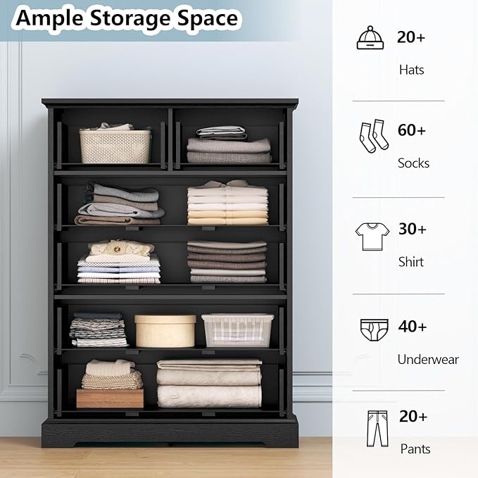 Dresser for Bedroom with 6 Drawer, 43'' Tall Dresser for Closet, Farmhouse Wooden Chest of Drawers with Natural Wood Texture, Vintage Storage Organizer for Living Room, Hallway, Black