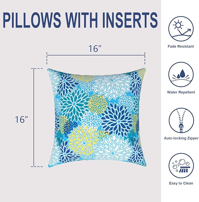 Outdoor Throw Pillows 16x16 Inch, Water Repellent Patio Pillows with Inners Set of 2, Outdoor Pillows for Patio Furniture Home Garden, Dahlia Blue