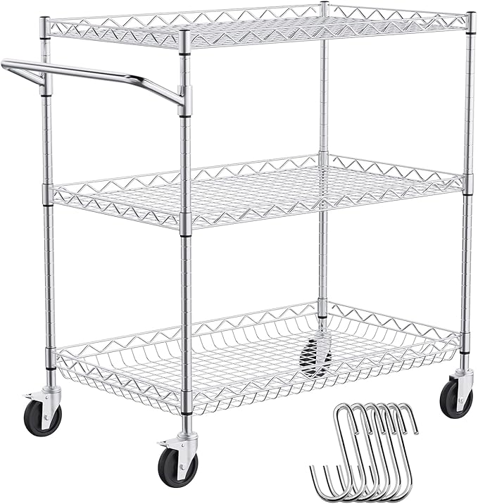 VEVOR Kitchen Utility Cart, 3 Tiers, Wire Rolling Table with 661 LBS Capacity, Steel Service Desk on Wheels, Metal Storage Trolley with 80 mm Deep Basket Curved Handle 6 Hooks