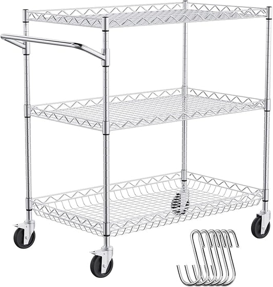 VEVOR Kitchen Utility Cart, 3 Tiers, Wire Rolling Table with 661 LBS Capacity, Steel Service Desk on Wheels, Metal Storage Trolley with 80 mm Deep Basket Curved Handle 6 Hooks