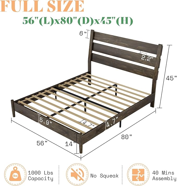 AMERLIFE Solid Wood Bed Frame Full Size, Mid Century Platform Beds with Reclining Slatted Headboard, Wood Slat Support/No Box Spring Needed/Noise Free, Dark Brown