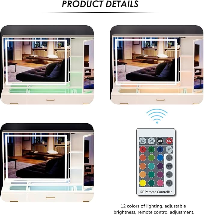 Vanity Desk with Mirror and Lights,Makeup Vanity Table with Glass Top and 7 Drawers&Cushioned Stool,Dressing Table with Drawers, Bedroom Makeup Desk for Women (White-Glass top)