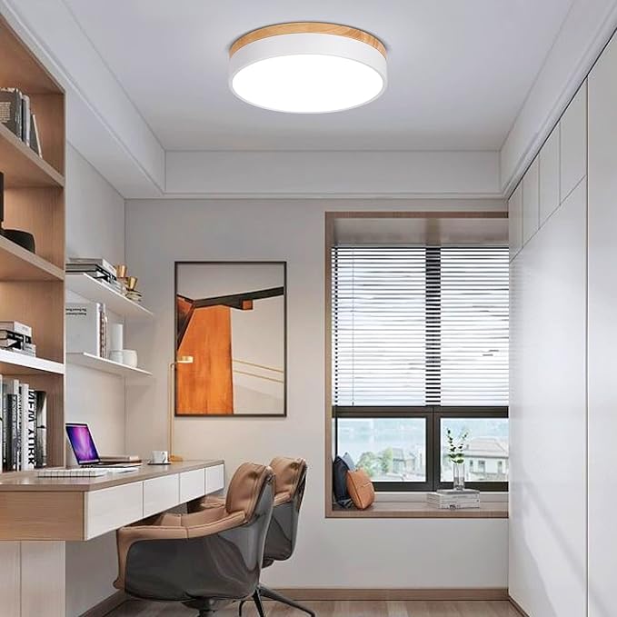 Dimmable Modern Wood Ceiling Light, White LED 5CCT 2700K-6000K Flush Mount Ceiling Lighting Fixture, Round Light Fixtures for Kitchen Entryway Hallway Bedroom Laundry Room-11.8in