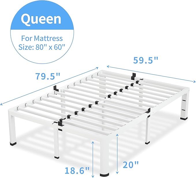18 Inch Queen Size White Bed Frame, 3500Lbs Heavy Duty Metal Platform with Round Corner Legs Mattress Slide Stopper, Steel Slat Support No Box Spring Needed, Noise Free, Easy Assembly