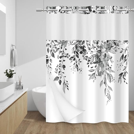 No Hook Shower Curtain with Snap in Liner - Eucalyptus Shower Curtain - Washable Waterproof Inner Liner, Plants Black Leaves Modern Shower Curtains - Machine Washable, 71 x 77