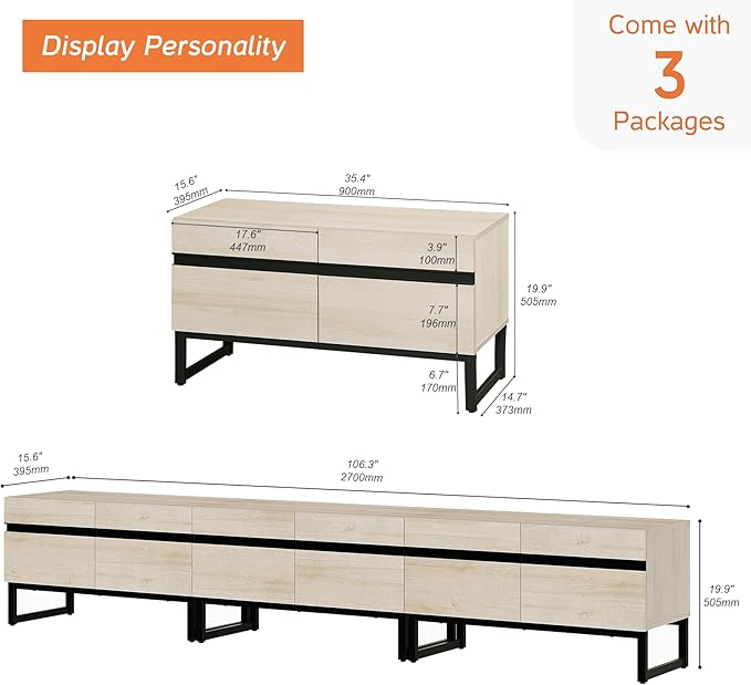 WAMPAT Modern TV Stand for TVs up to 110 inch, 3 in 1 Entertainment Center TV Console with Storage Cabinets and Metal Base,Media Console for Living Room,Light Oak
