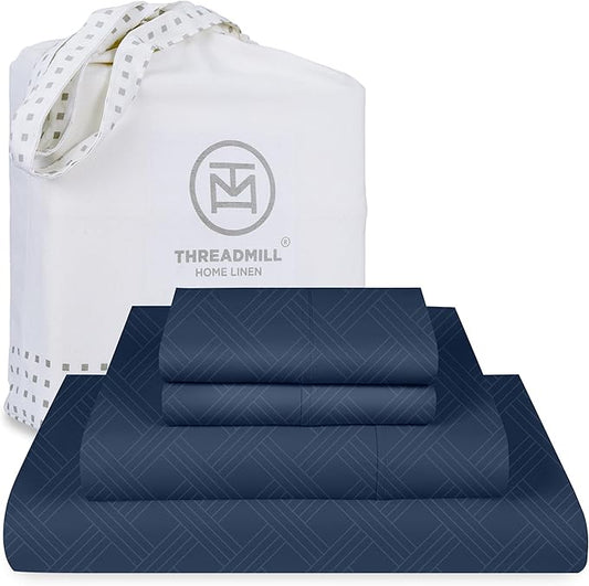 Threadmill King Size Sheets for King Mattress | 800 Thread Count Jacquard Folkstone Blue | Better Than Egyptian Cotton | 4 Pc Bed Sheets | Damask Sheets Fits 16'' Deep Pocket | 100% Cotton Sheet