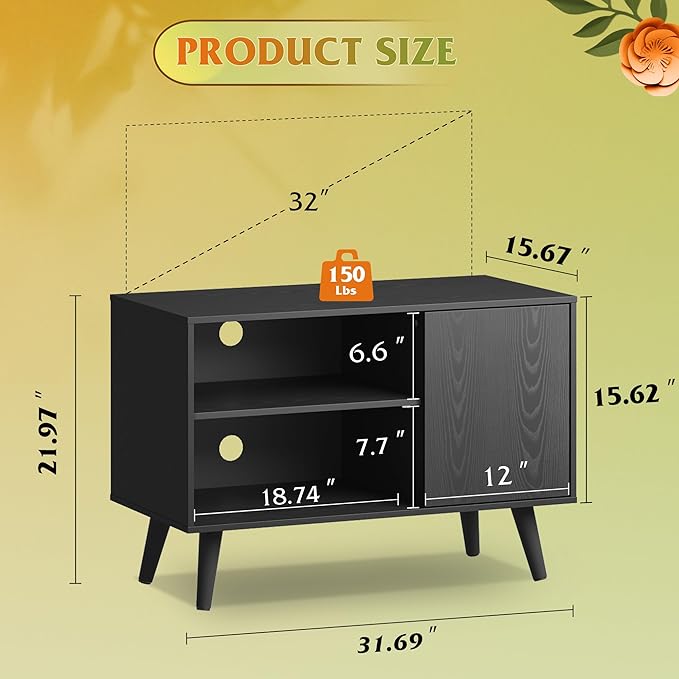 WLIVE TV Stand for 40 Inch TVs, Small Entertainment Center with Storage Cabinet, Mid-Century Modern TV Stands for Living Room and Bedroom, 32" TV Console, Black