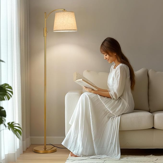 AIDENOEY Fully Dimmable Floor Lamp for Living Room，Standing Lamp Rotary Switch with Linen Beige Shade，Golden Tall Lamps for Bedroom with Adjust Head，9W LED Bulb Included