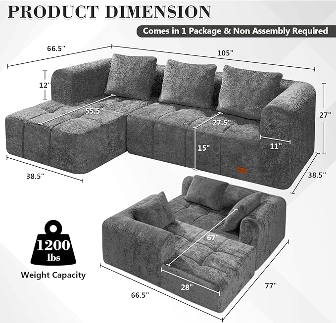 HABUTWAY 105" L-Shaped Modular Sectional Sofa, No Assembly Required Deep Seat Couch with 3 Pillows, Soft Fabric Upholstered, Modern Chaise Lounge for Living Room, Bedroom,Black (Grey)