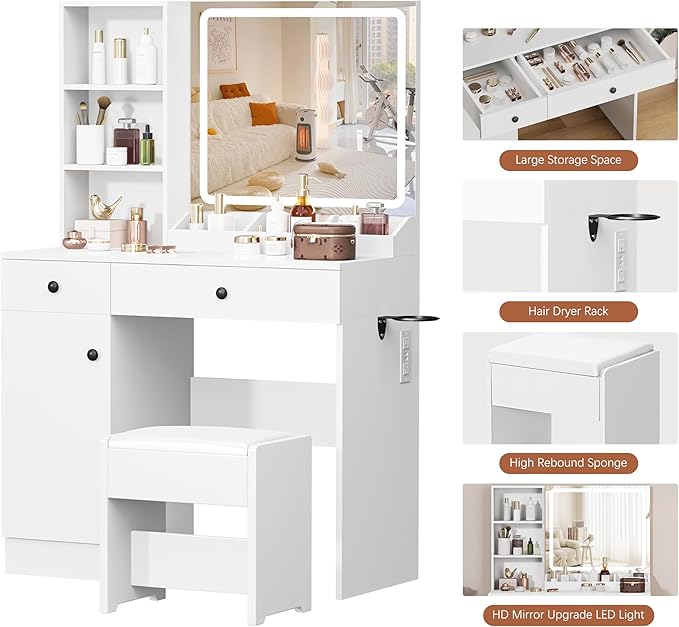 Vanity Desk with Mirror and Lights, 3-Color Lights Adjustable Brightness, White Vanity Makeup Desk with Drawer & Charging Station, Large Dressing Table Make Up for Bedroom