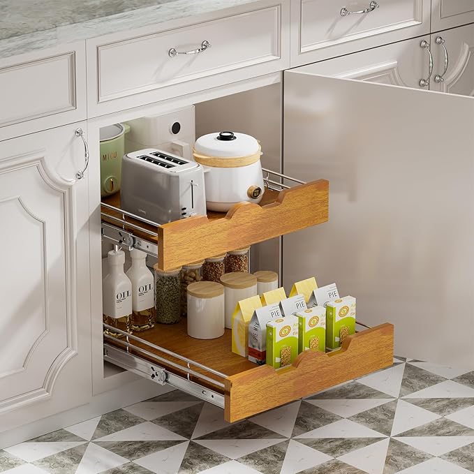 DINDON 2 Tier Pull Out Cabinet Organizer (17" W x 21" D) Slide Out Wood Shelf Double Tier Kitchen Wire Basket With Chrome Finish…