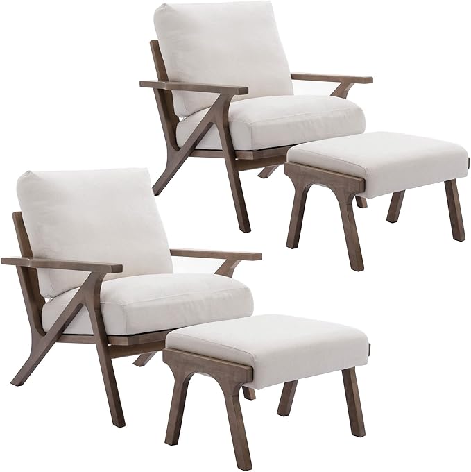 Wahson Set of 2 Mid Century Arm Chairs and Ottomans, Upholstered Accent Armchair with Wood Frame and Linen Cushions, Leisure Slipper Chair for Living Room/Bedroom, Cream