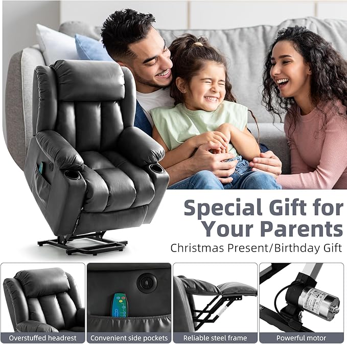 Power Lift Recliner Chair for Elderly, Electric Recliner Chairs for Adults with Massage and Heat, Cup Holders, Remote Control, USB Ports, Side Pockets, Leather (Black)