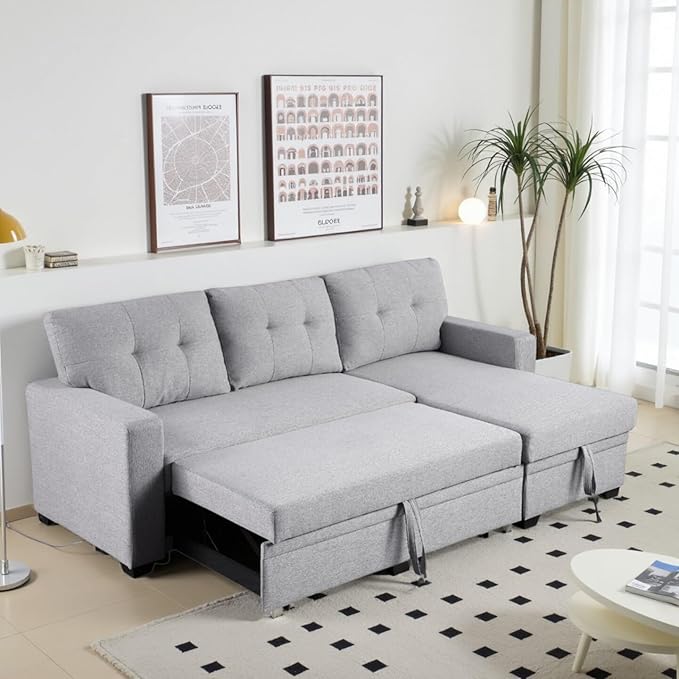 L-Shape Sofa Bed, 82" Sectional Couch with Storage Chaise, Pull Out Sleeper Sofa with Removable Back Cushions, Convertible Corner Couch for Living Room Apartment, Gray
