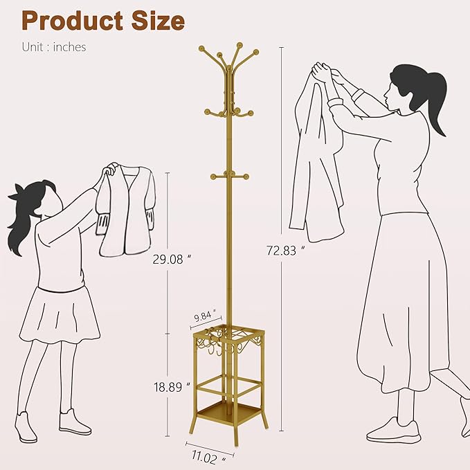 Hoctieon Coat Rack Freestanding, Coat Tree with Umbrella Holder, Metal Coat Rack Stand with 12 Hooks, Standing Coat Hanger Stand, Umbrella Stand for Entryway, Hat Rack Stand for Home Office, Gold