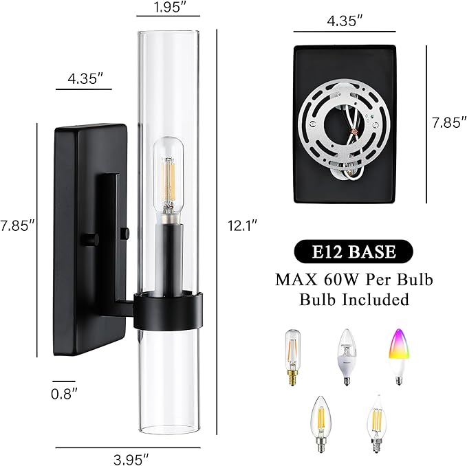 Untrammelife Black Wall Sconce, 1-Light Modern Wall Sconce with Clear Glass Shade, Dimmable Indoor Sconces Wall Lighting, Wall Mounted Lamp, Wall Lights for Bedroom Living Room, LED Bulb Included