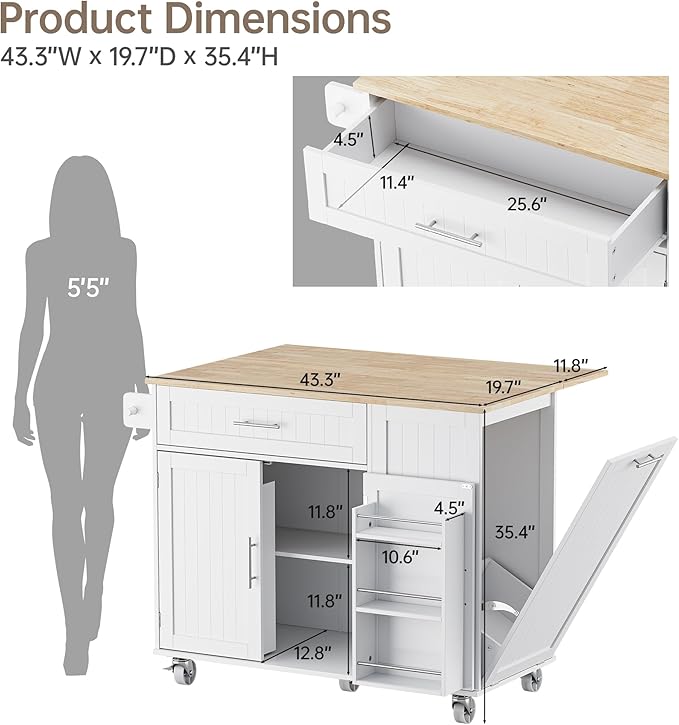 Rolling Kitchen Island with Drop Leaf, Kitchen Island Cart on Wheels with 43.3" W Top, Portable Kitchen Cart with Trash Can Storage, Kitchen Islands with Storage for Small Space, White