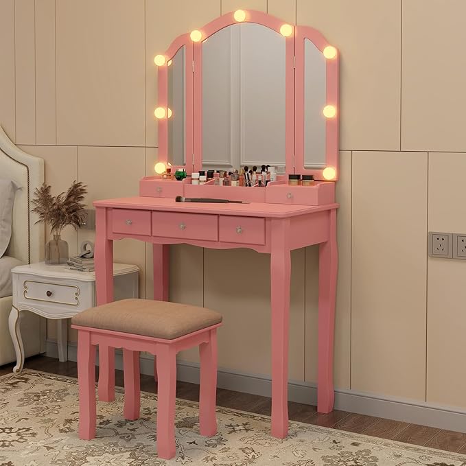 Pink Vanity Desk with Mirror and Lights for Girls Makeup Vanity Desk with Chair Vanity Table and Stool Set with 5 Storage Drawers 3 Colors Lighting Modes Tri Fold Vanity Mirror Lighted Vanity