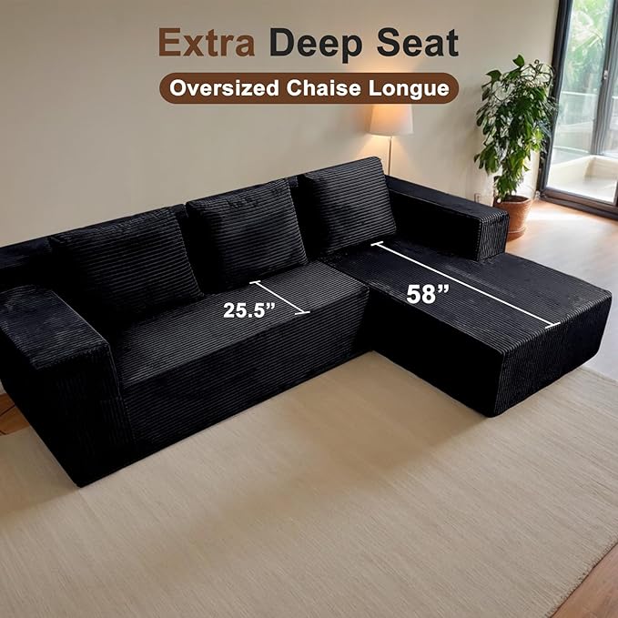 Cloud Sectional Sofa, Boneless Couch for Living Room, No Assembly Required, Deep Seat, Modern Minimalist Modular Couch, Free Combination, 103" L-Shape with Chaise, Plush Corduroy, Right