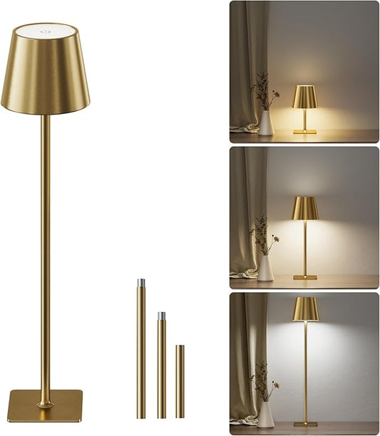 JACKYLED Cordless Lamp DIY Height, 3 Color Stepless Dimming, 5000mAh Battery Operated Lamp Portable Rechargeable for Bedroom Dinning Kitchen, Gold, 1 Pack
