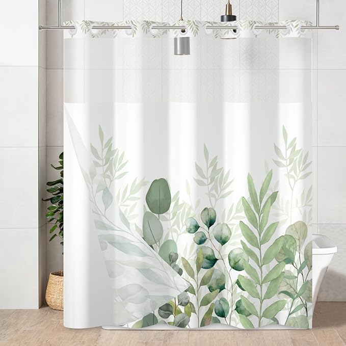 No Hook Shower Curtain with Snap in Liner, Sage Green Eucalyptus Leaf Heavy Duty See Through Window Waterproof Machine Washable Bathroom Curtain 71" W x 74" L (Pack of 1)