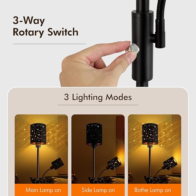 Gothic Industrial Torchiere Floor Lamp with Adjustable Reading Light, 71" Black Metal Standing Lamp with Gold Lined Starry Shade, Vintage Pole Lamp for Living Room & Bedroom, Spooky Home Decor