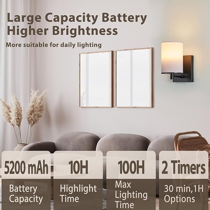 TERLEENART Battery Operated Wall Sconce Set of Two,13 RGB Colors Dimmable Rechargeable Wall Sconces with Remote Control,Wall Lights with Cylinder White Fabric Shade for Bedroom Living Room