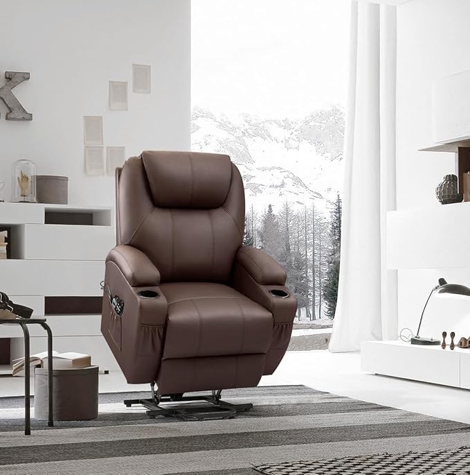 VICTONE Electric Power Lift Recliner Chair for Elderly Reclining Sofa for Living Room with Massage, Side Pockets and Cup Holders (Leather, Brown)