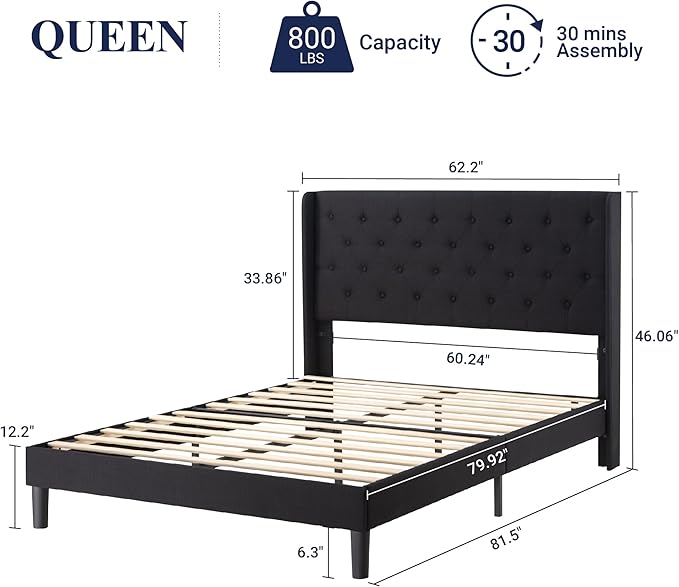 Allewie Queen Size Bed Frame with Button Tufted Wingback Headboard, Modern Upholstered Bed Frame with Solid Wooden Slats Support - No Box Spring Needed, Easy Assembly, Black