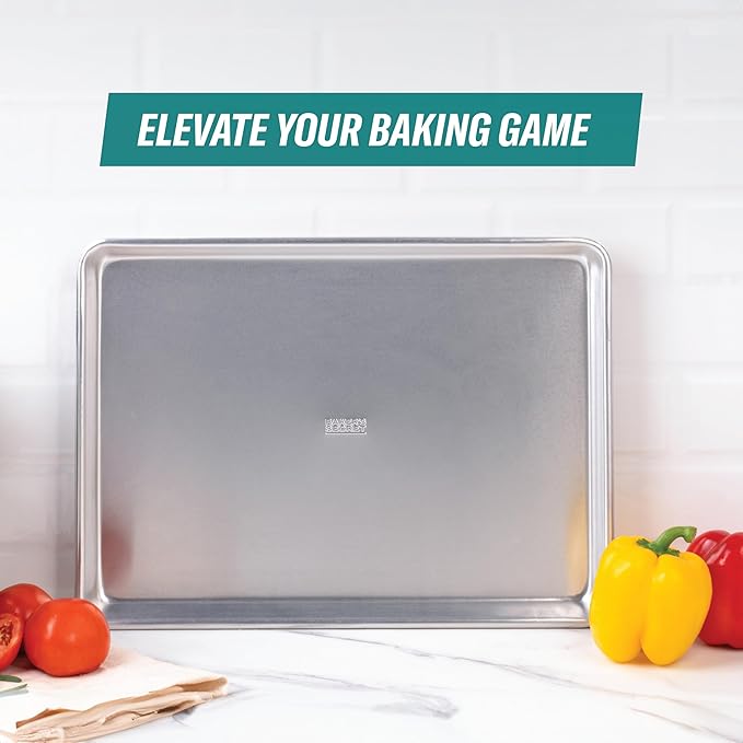 Baker's Secret Non Toxic Baking Trays for Oven, PTFE, PFAS, PFOA Free, 100% Recycled Aluminum, Bakeware Set Cookie Sheet 18" with Stainless Steel Rack Never Rust - The Natural Aluminum Collection