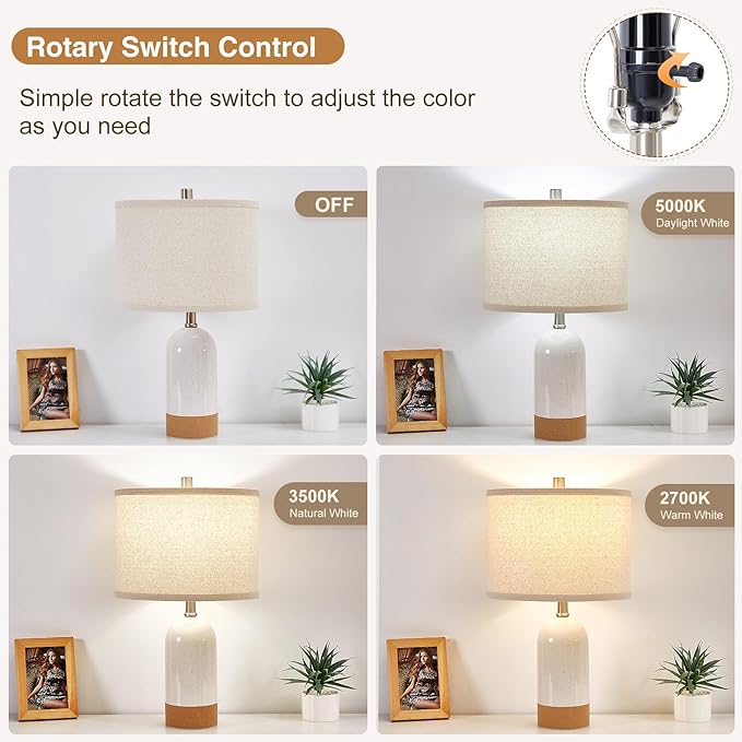 GyroVu 3 Color Temperature Small Table Lamp for Bedroom, Bedside Desk Reading Lamps, 21.5" Nightstand Ceramic Lamp for Kids Room, Living Room, Dorm, Home Office, Bulbs Included