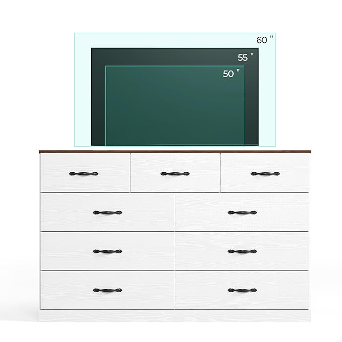 LINSY HOME 9 Drawer Dresser for Bedroom, 54" Wide Chest of Drawers, Modern TV Stand Dressers with Wood Frame and Metal Handles, Large Drawer Organizer for Bedroom, Living Room, White