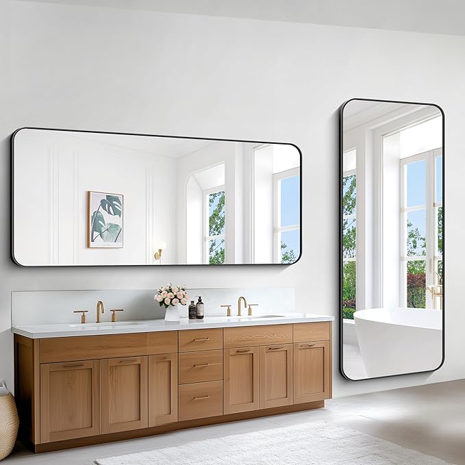 Large Bathroom Mirror, 72x30 inch Black Rectangle Mirror, Metal Frame Rectangular Vanity Mirror, Wall Mounted Mirror with Rounded Corner for Bedroom Living Room Hangs Horizontal Or Vertical