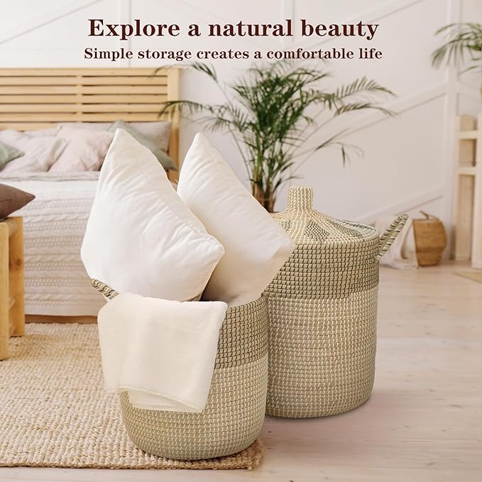 3 Pack Laundry Baskets Hamper, Seagrass Handwoven Storage Basket with Lid Handles, Natural Vietnamese Woven Decorative Wicker Clothes Hamper, Suitable for Any Home Style, Gifts for Friends
