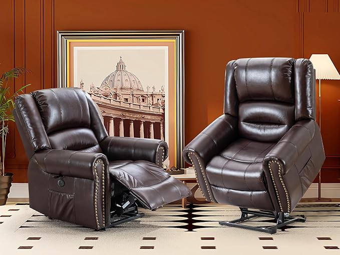 CDCASA Dual Motor Lay Flat Lift Chairs Recliners for Elderly with Massage and Heat, Breathable Leather Infinite Position Large Sleeping Electric Power Lift Chair Recline, Set of 2, Brown