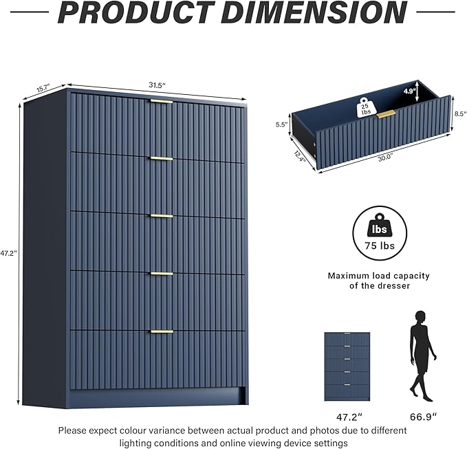 Blue Dresser for Bedroom, Modern Dresser with 5 Drawers and Smooth Slides, Wide Chest of Drawers with Golden Handles for Bedroom, Living Room, Closet, 15.7" D x 31.5" W x 47.2" H