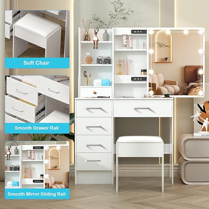 Makeup Vanity Desk with Mirror and Lights,White Vanity with 6 Drawers 6 Storage Shelves 1 Chair,3 Lighting Colors Adjustable,31.5" L*14.2" W*51.2" H
