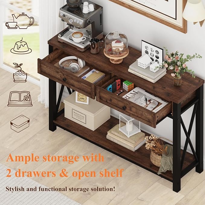 BON AUGURE Console Table with 2 Drawers, Entryway Tables with Storage, Sofa Table Behind Couch for Living Room, Farmhouse Entry Tables for Hallway, Foyer, Front Door (Rustic Oak, 47 Inch)