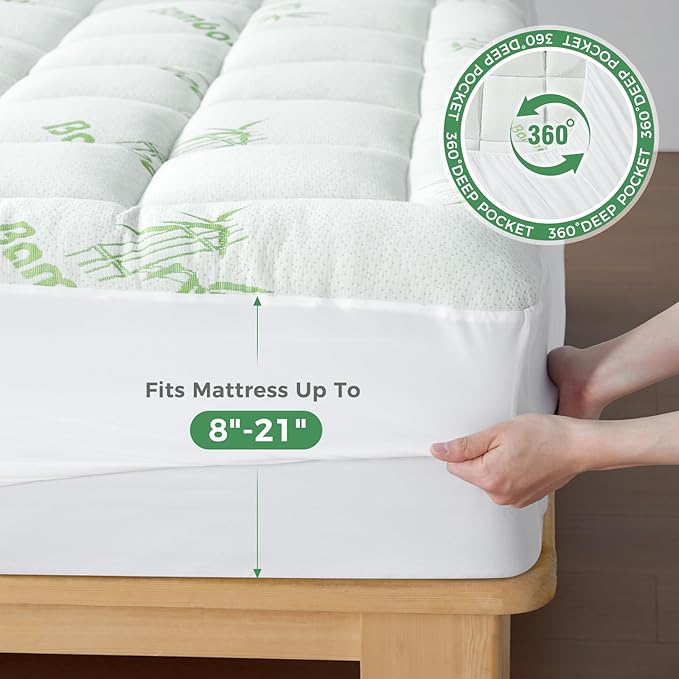 HYLEORY Mattress Topper Full XL Size - Thick Bamboo-Viscose Cooling Pillow Top Mattress Pad Breathable Fluffy Soft Mattress Cover with 8-21" Deep Pocket, Green