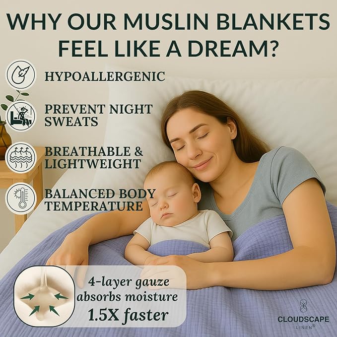 Soft 4 Layer Muslin Cotton Blankets Queen Size for Bed, 100% Cotton Blanket for All Season, Pre-Washed Gauze, Best Summer Blanket, 92x92, Lavender Blue