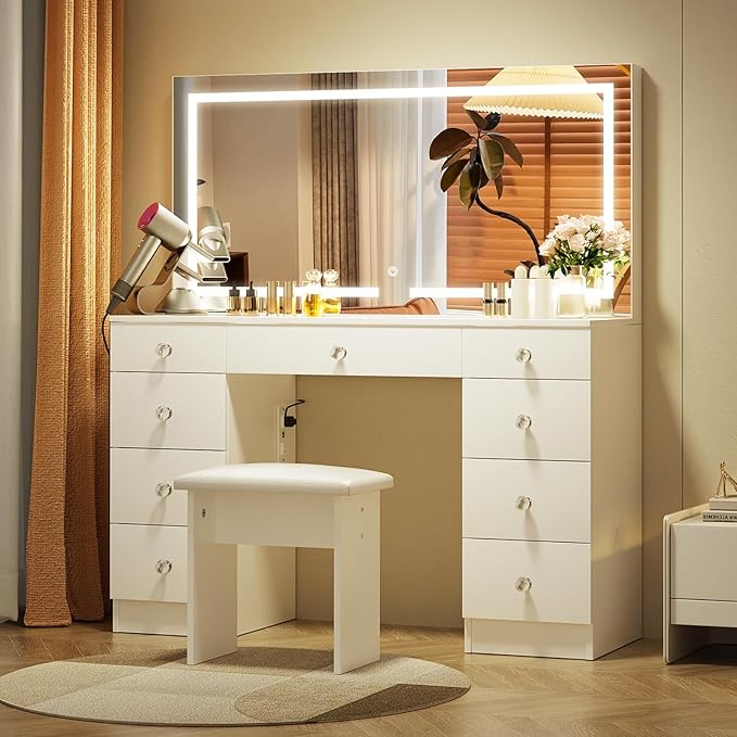 VOWNER Vanity with Lighted Mirror - 47" Glass Top Makeup Vanity Desk with 9 Drawers and Power Outlet, 3 Color Lighting Modes Adjustable Brightness, Makeup Desk with Cushioned Stool for Bedroom, White